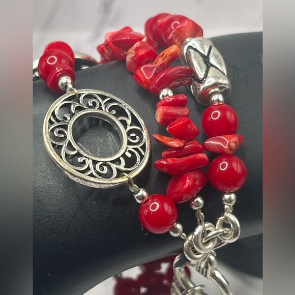 Vintage Premier Designs red coral and silver tone bracelet and necklace set - Picture 4 of 11